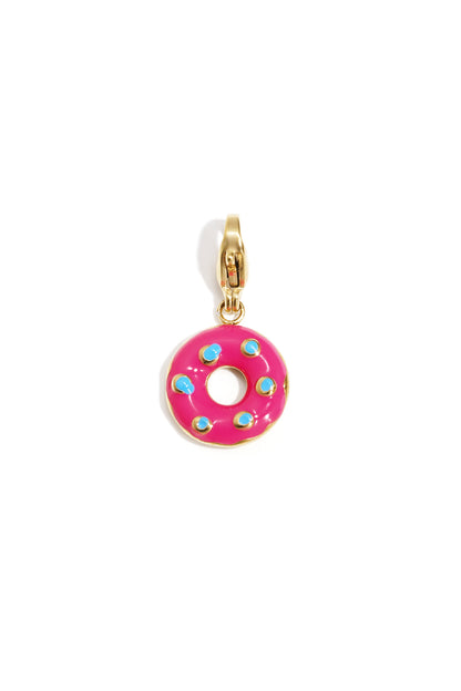 Gold-tone donut charm with pink enamel glaze and blue sprinkle details on lobster clasp