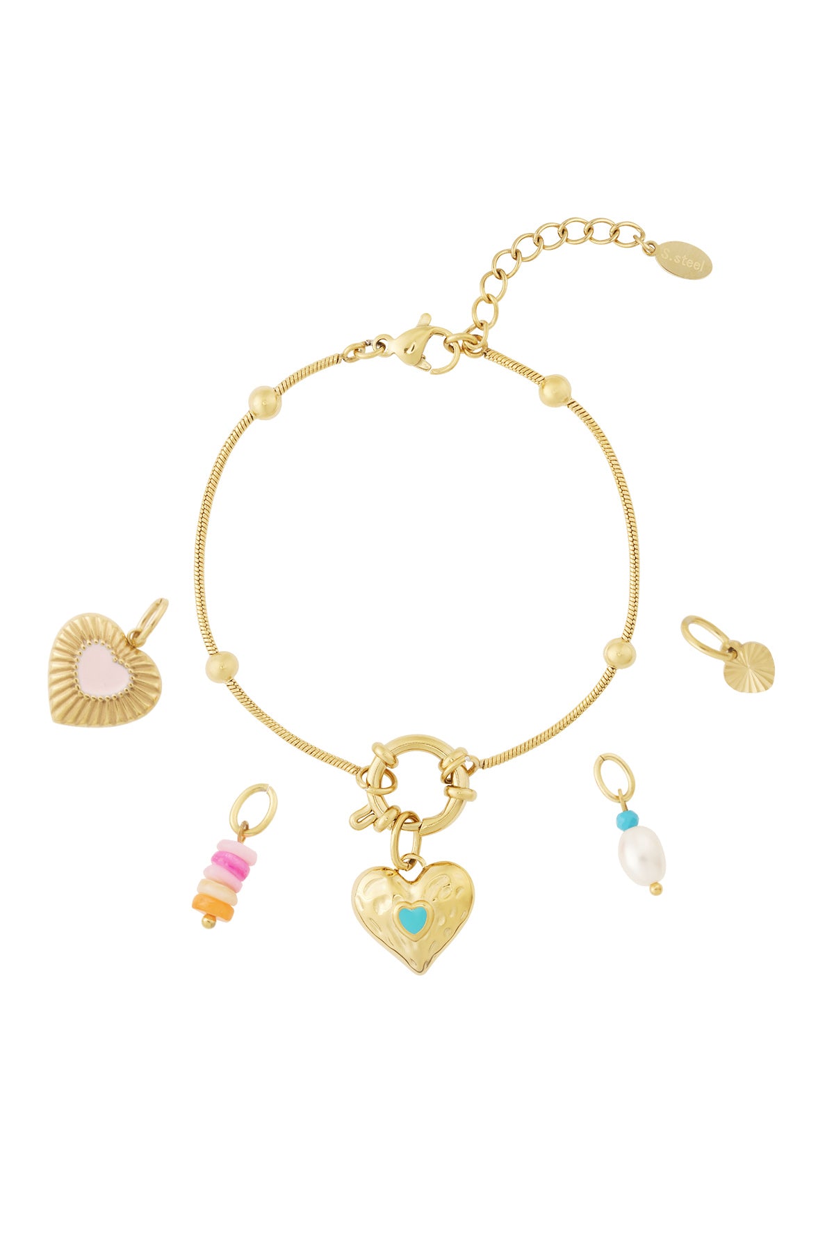 Gold snake chain charm bracelet with five separate charms including a hammered gold heart with turquoise enamel, pink enamel heart, stacked colorful beads, pearl turquoise charm, and small embossed gold charm