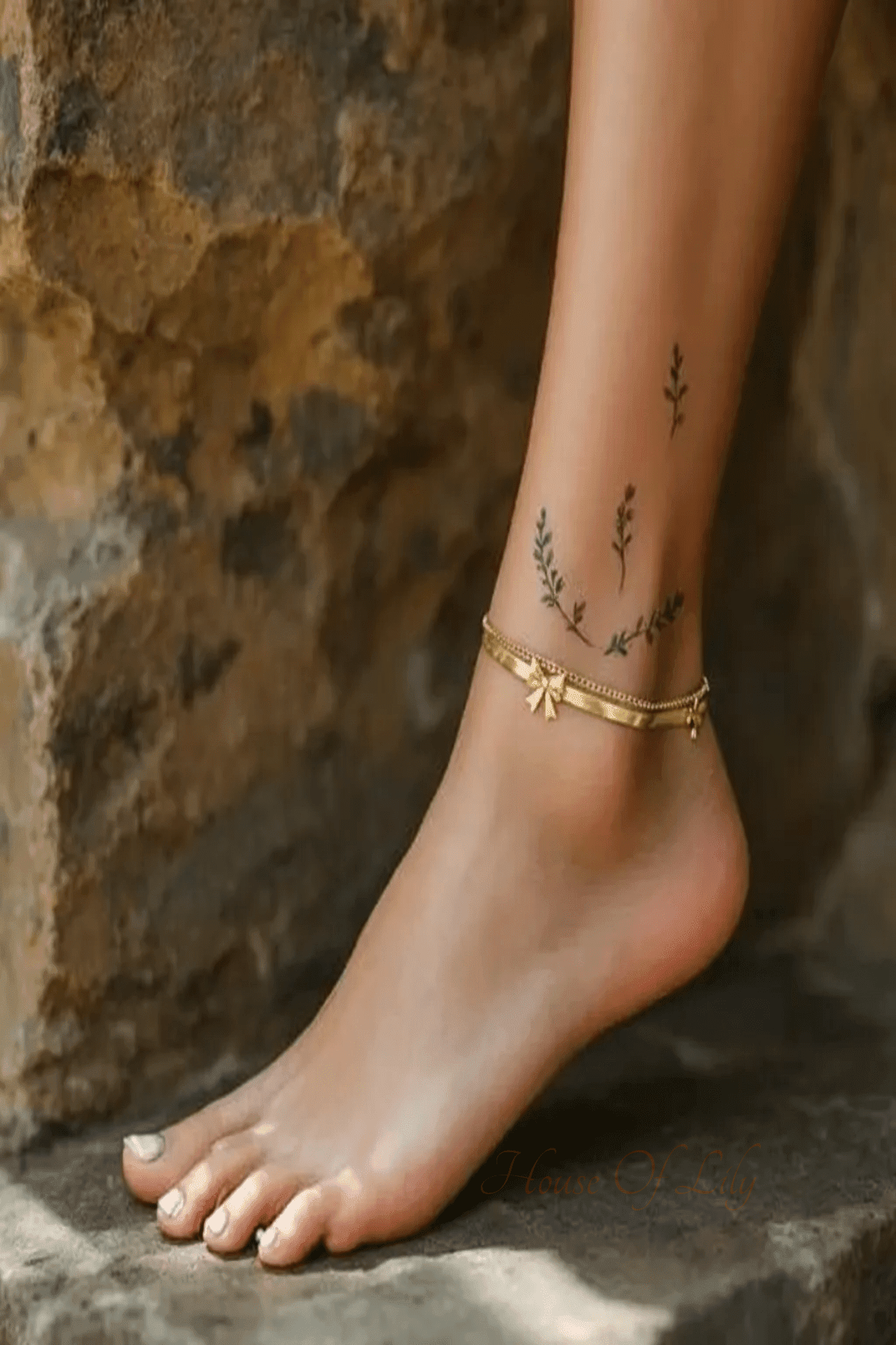Gold dainty double-chain anklet with a central bow charm on a woman's ankle with leaf tattoos.
