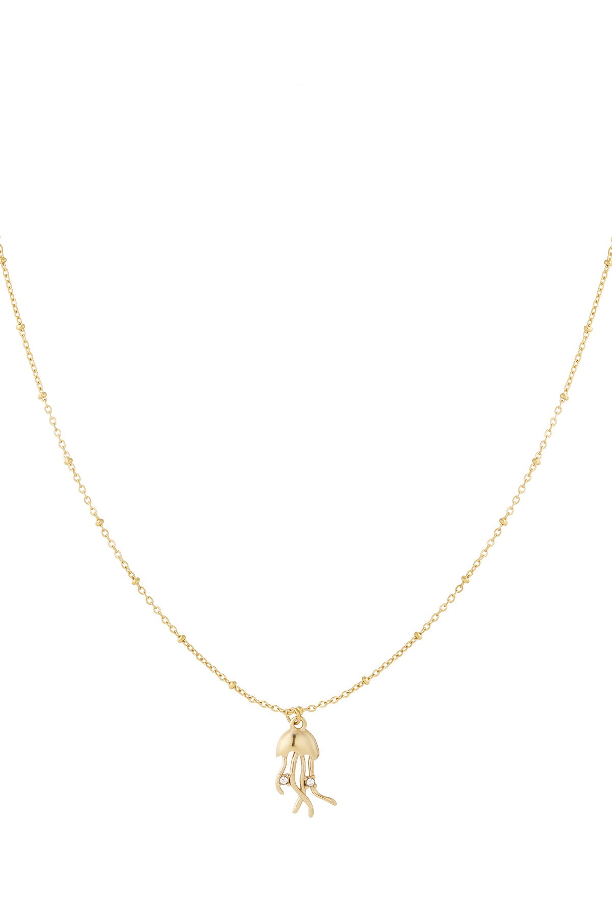 Gold jellyfish pendant necklace with delicate beaded chain on white background