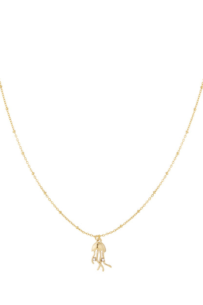 Gold jellyfish pendant necklace with delicate beaded chain on white background