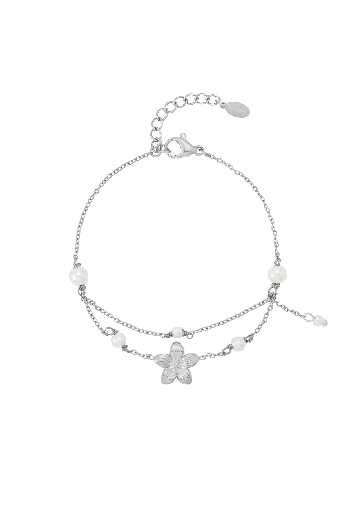 Silver double layer charm bracelet with flower pendant and faux pearls on a white background