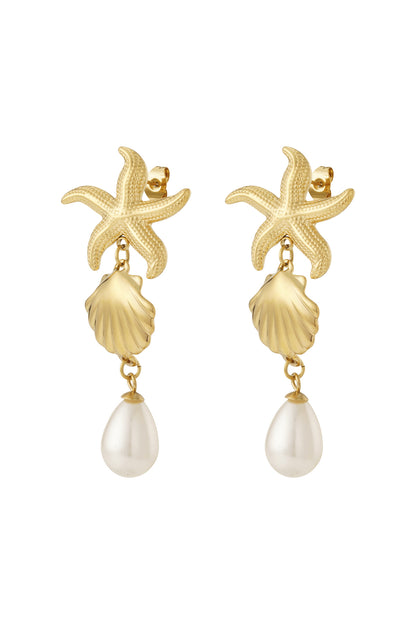 Pair of gold plated starfish and seashell drop earrings with pearl pendants