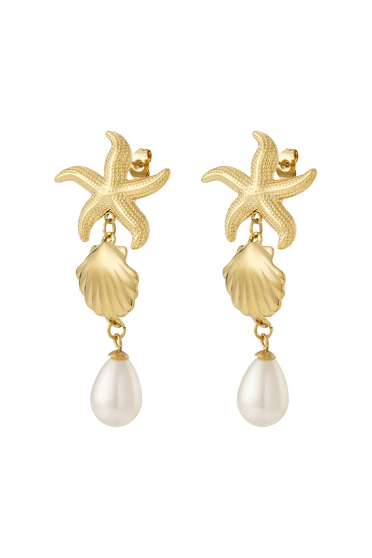 Pair of gold plated starfish and seashell drop earrings with pearl pendants