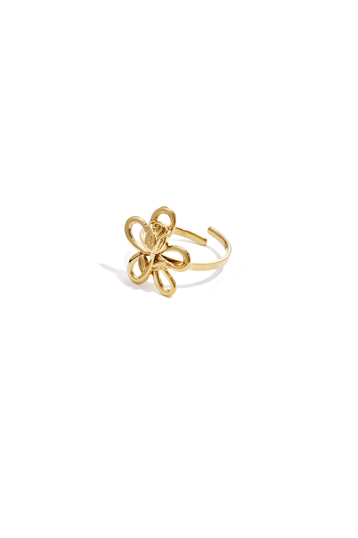Gold-tone adjustable open loop flower ring on white background