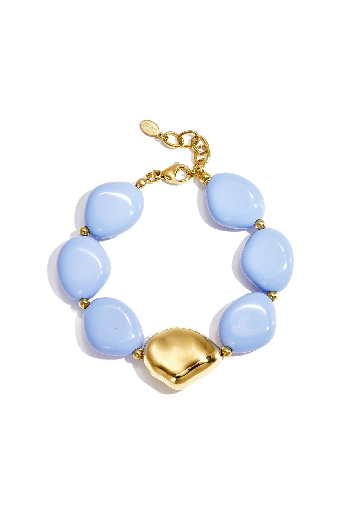 Chunky bracelet with baby blue irregular acrylic beads and gold-tone clasp and centerpiece