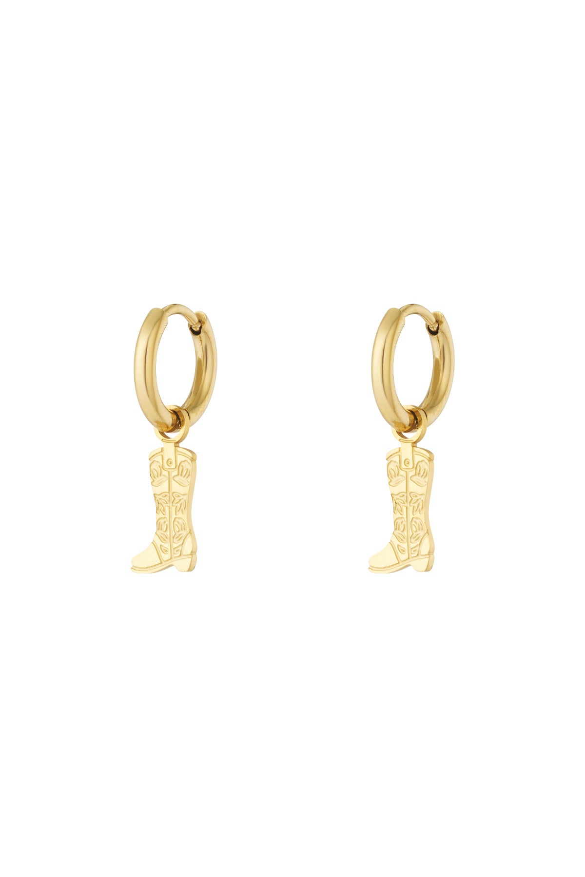 Pair of gold hoop earrings with hanging cowboy boot charms featuring floral detail on white background