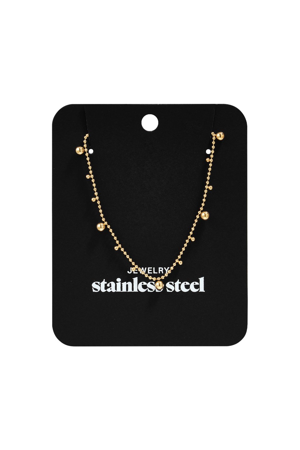 Dainty Dot Energy gold-toned stainless steel chain necklace with small hanging bead charms on a black display card.