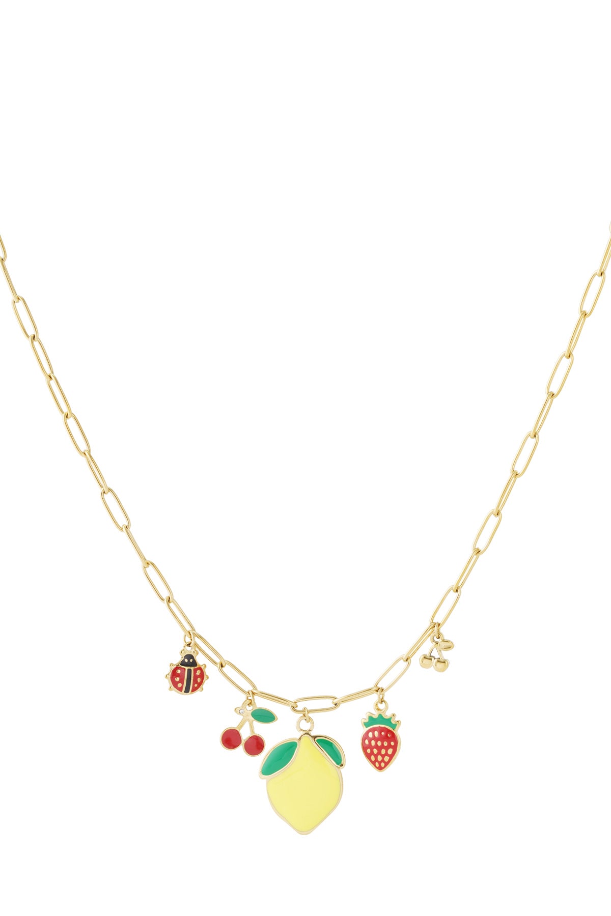 Gold-tone paperclip chain necklace with five colorful enamel fruit and ladybug charms laid flat on white background