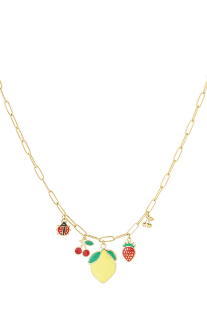 Gold-tone paperclip chain necklace with five colorful enamel fruit and ladybug charms laid flat on white background