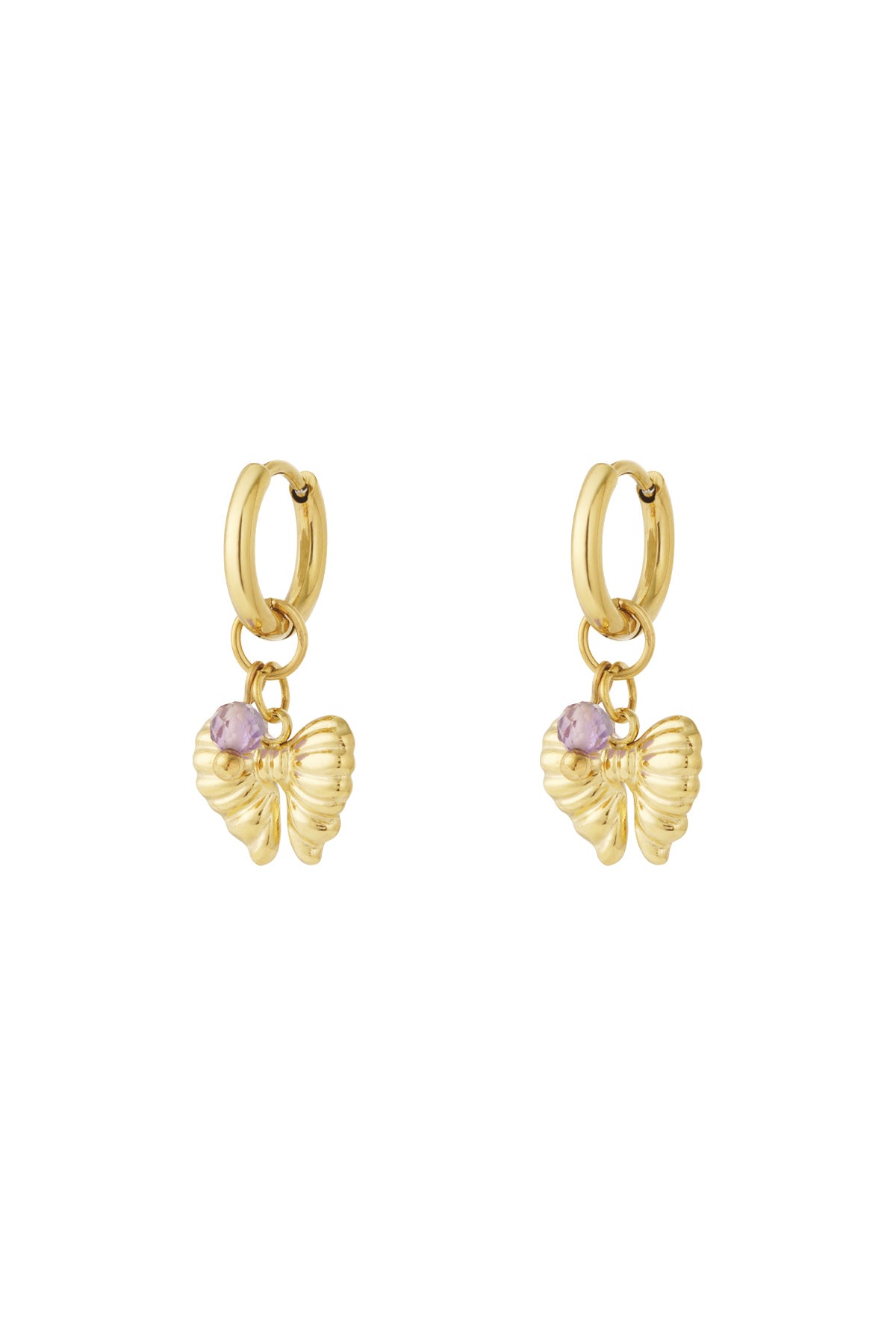 Pair of gold hoop earrings with butterfly charms and light purple beads on white background