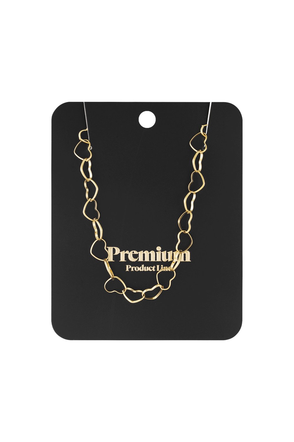 Gold Heart Bestie necklace: A dainty gold chain featuring a series of connected open-heart links on a black display card.