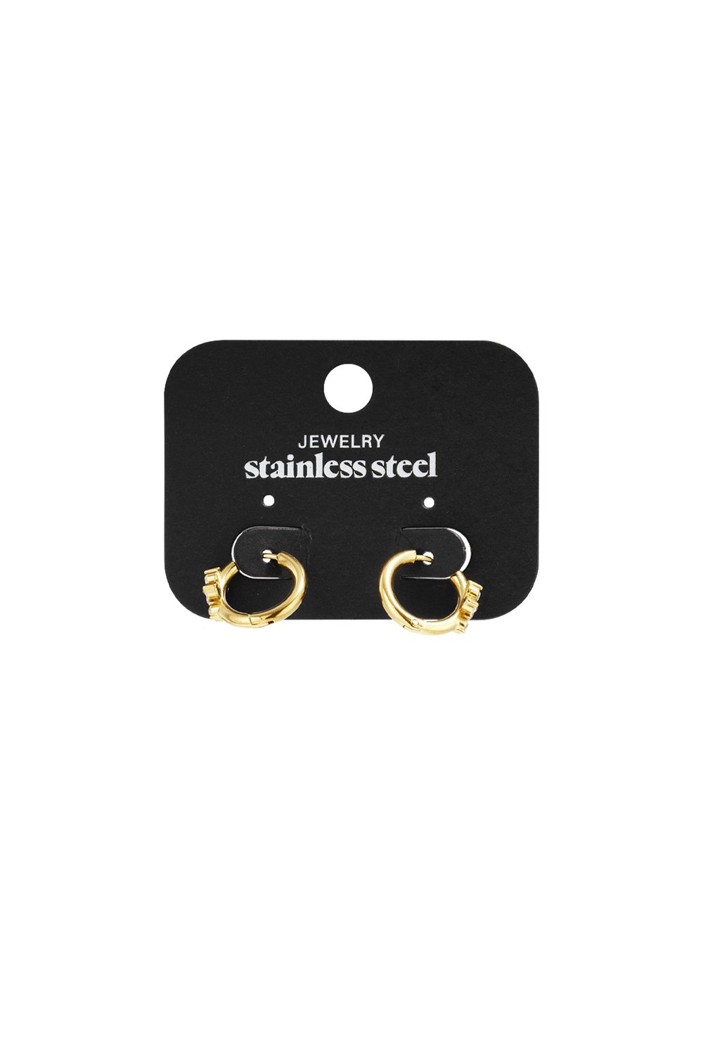Golden Garden Drip: Small gold-tone stainless steel hoop earrings featuring subtle textured or floral-inspired detailing.