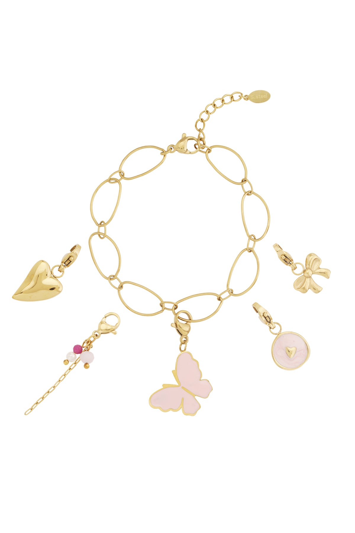 Gold charm link bracelet with removable butterfly, heart, bow, bead tassel, and round pink charms on white background