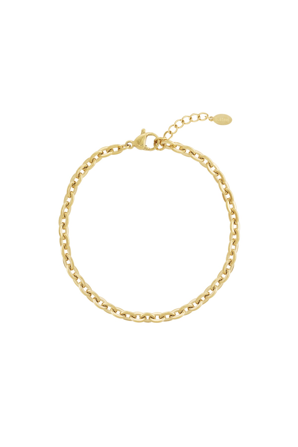 Gold chain bracelet with adjustable lobster clasp on white background
