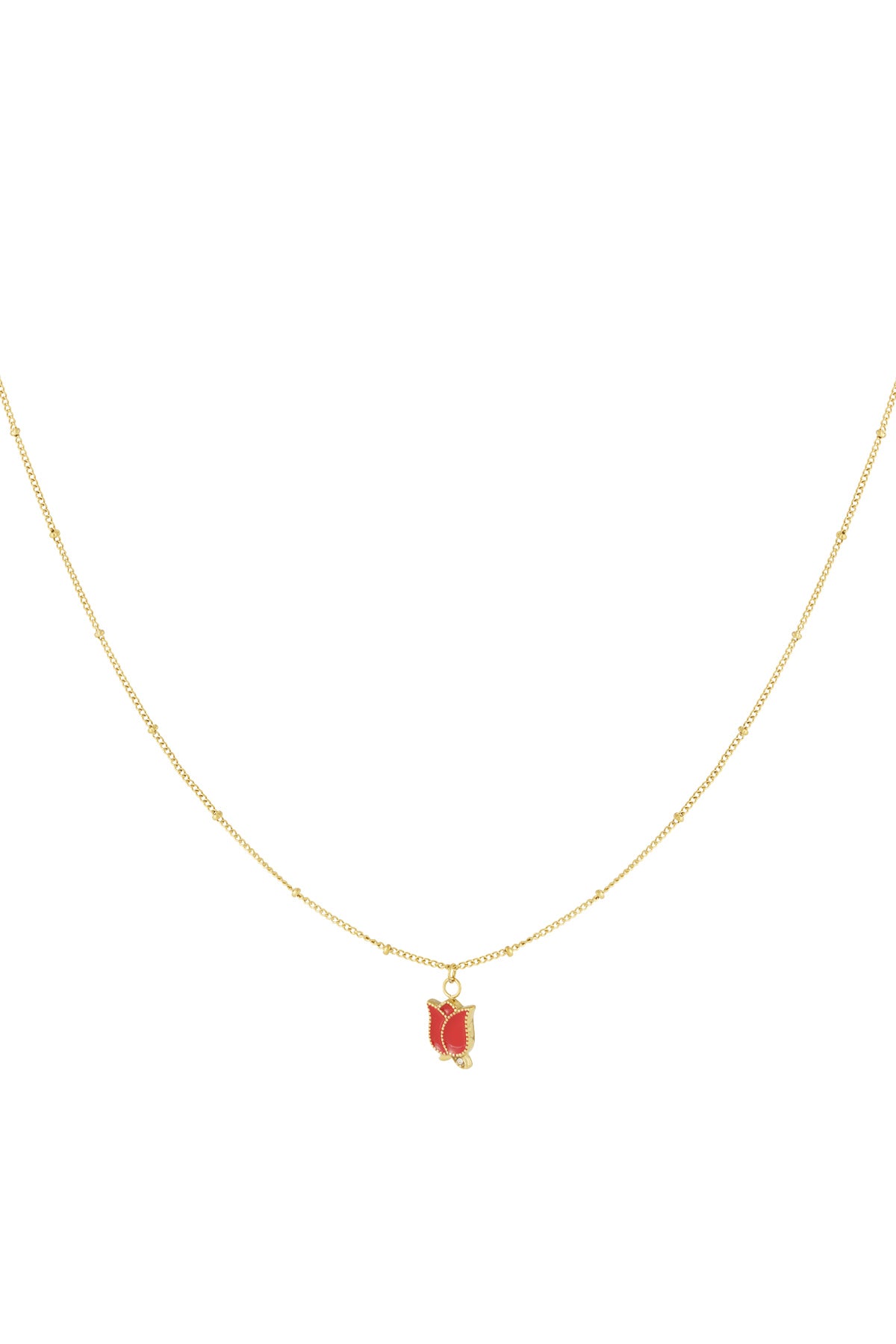Gold-tone necklace with a small red enamel rose pendant on a white background