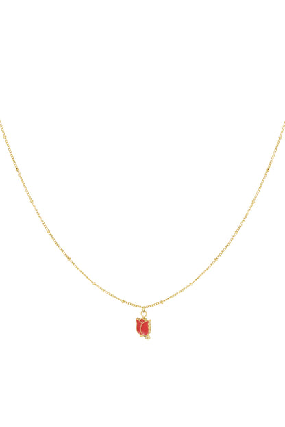 Gold-tone necklace with a small red enamel rose pendant on a white background