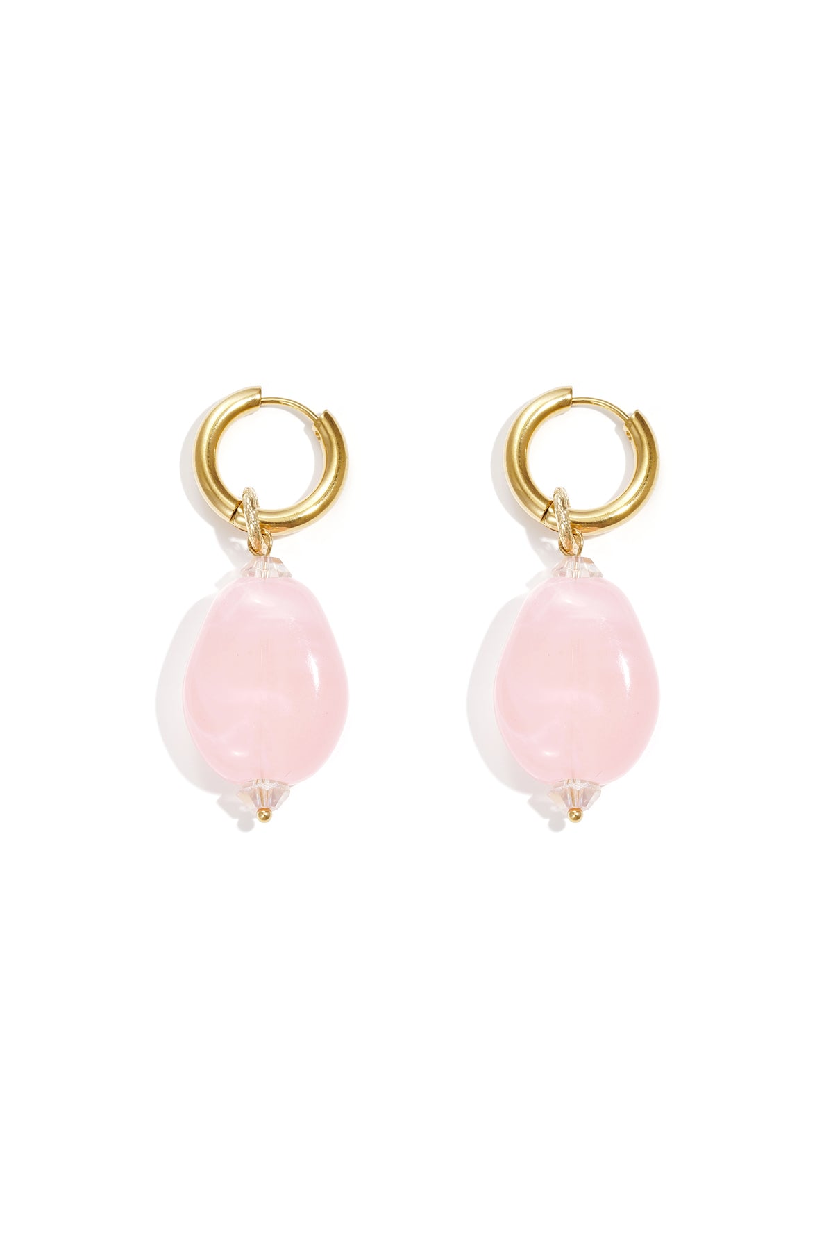 Pair of gold hoop earrings with pale pink cloudy resin beads