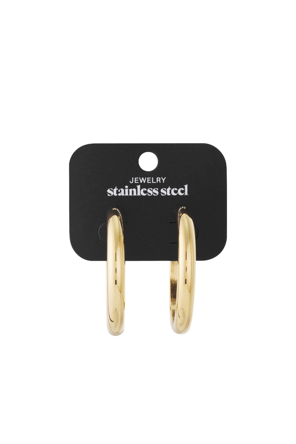Aura Cloud Hoops: Gold-tone, thick, polished stainless steel hoop earrings on a black display card.