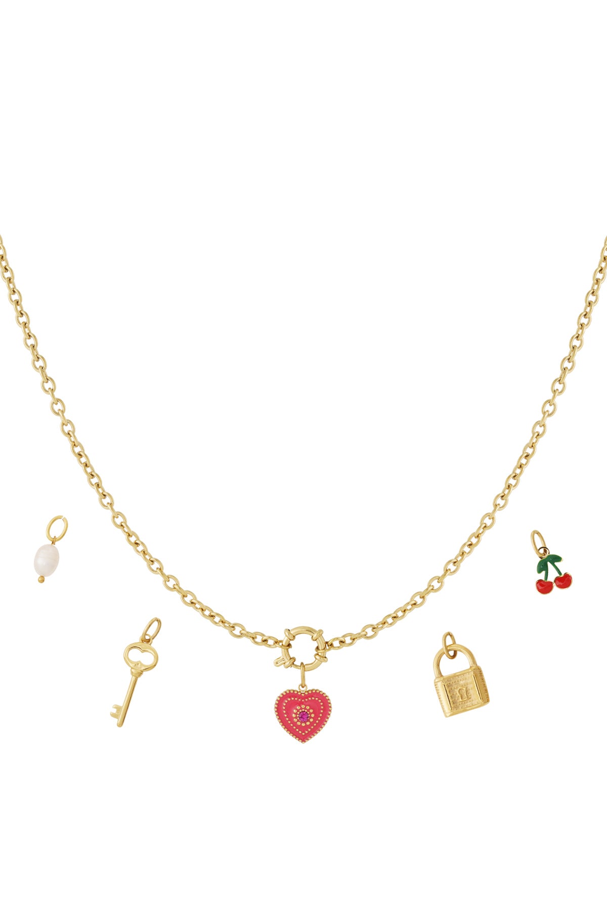 Gold-plated charm necklace laid flat showing five pendants: red heart, golden key, pearl, golden padlock, and red cherries