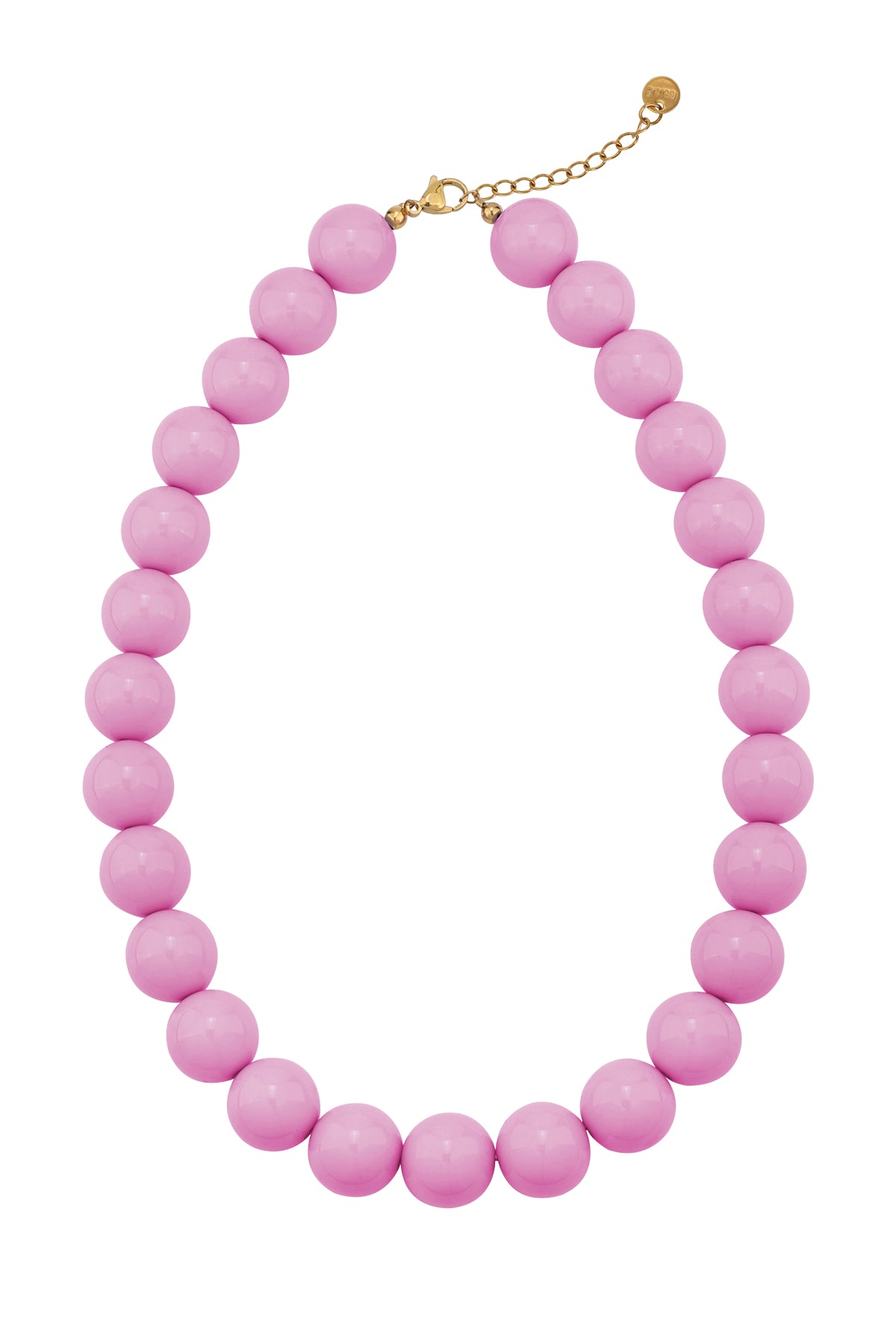 Chunky necklace featuring round, glossy pastel pink beads and a gold-tone clasp and extender chain.