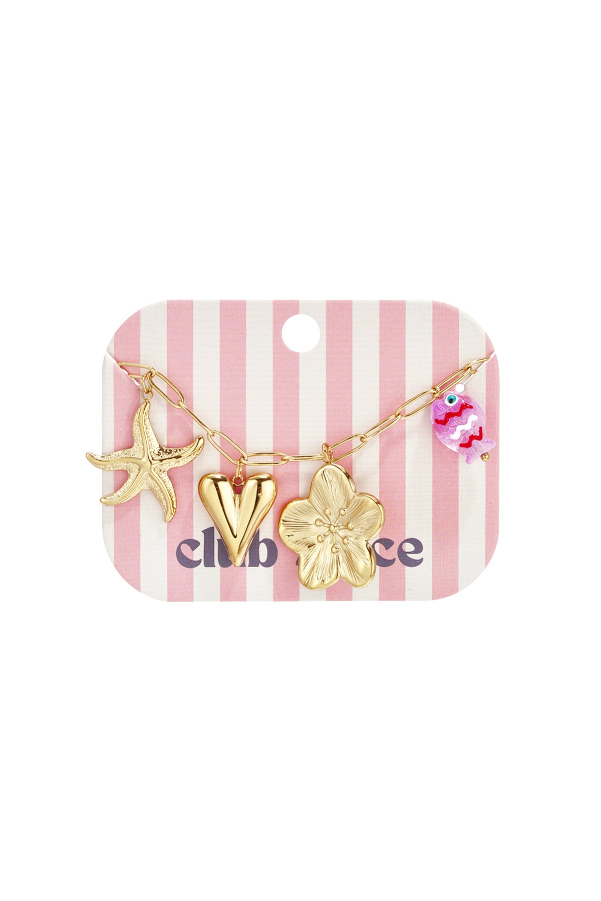 Gold charm bracelet with beach-themed charms displayed on pink and white striped branded card