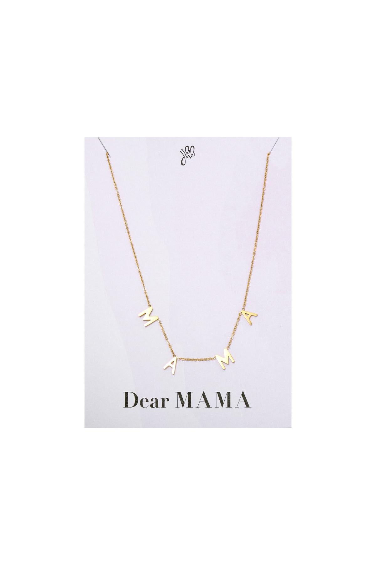 Gold tone stainless steel necklace with letter pendants spelling MAMA displayed on a white card with 'Dear MAMA' text