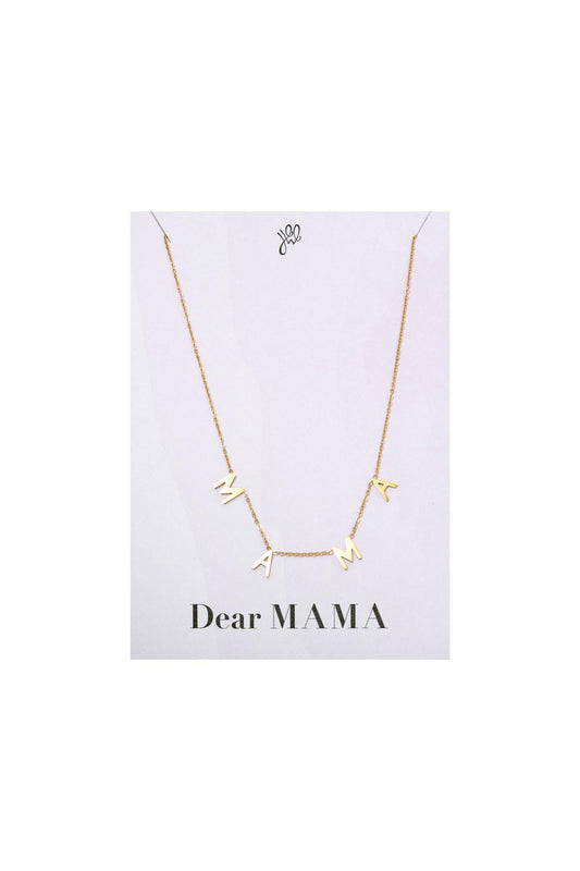 Gold tone stainless steel necklace with letter pendants spelling MAMA displayed on a white card with 'Dear MAMA' text