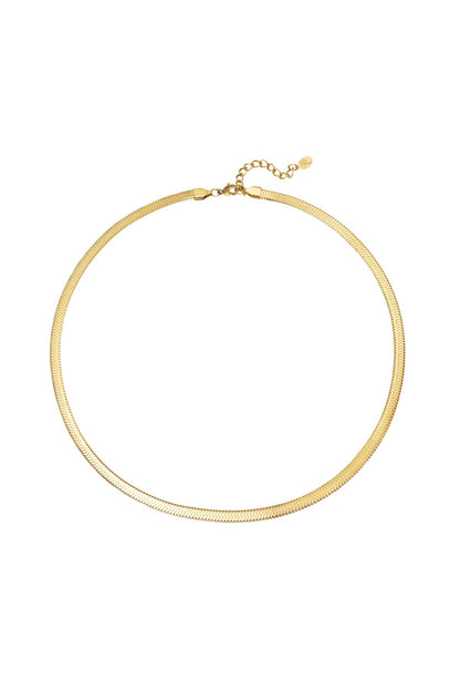 Close-up of gold minimalist chain necklace with smooth flat links on white background
