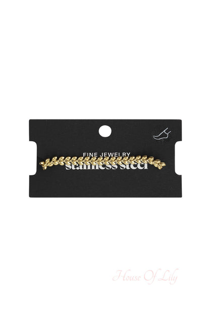 Gold Leaf Chain Anklet displayed on black jewelry packaging card labeled fine stainless steel jewelry