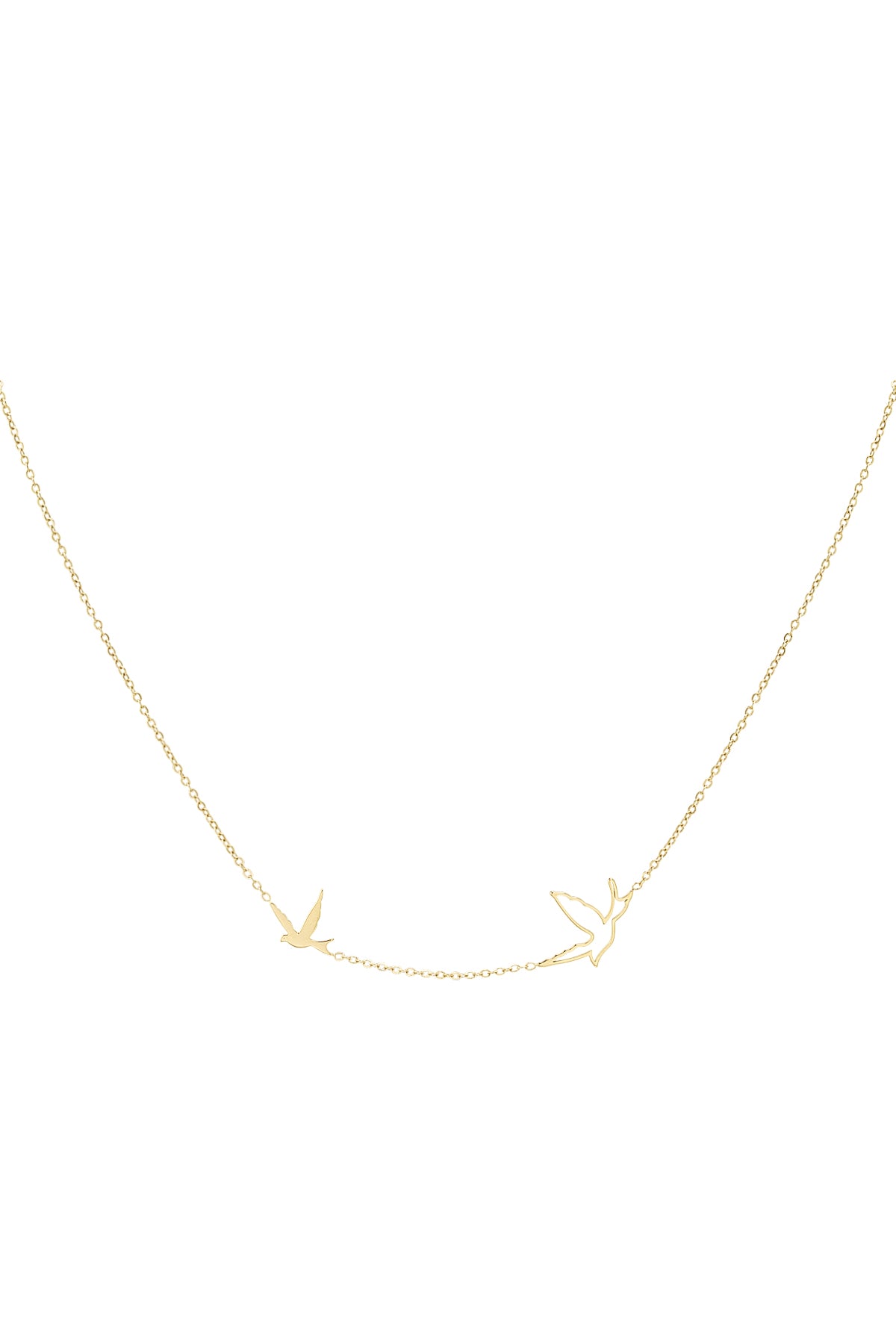 Close-up of a delicate gold necklace featuring two bird-shaped charms on a fine chain