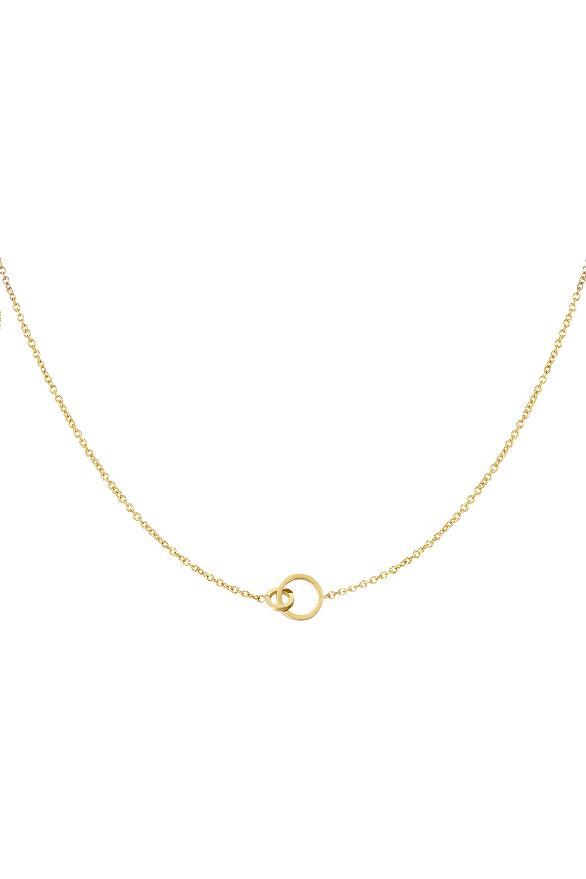 Close-up image of a delicate gold chain necklace with two linked circular pendants on white background