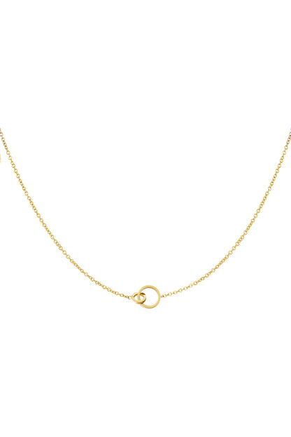 Close-up image of a delicate gold chain necklace with two linked circular pendants on white background