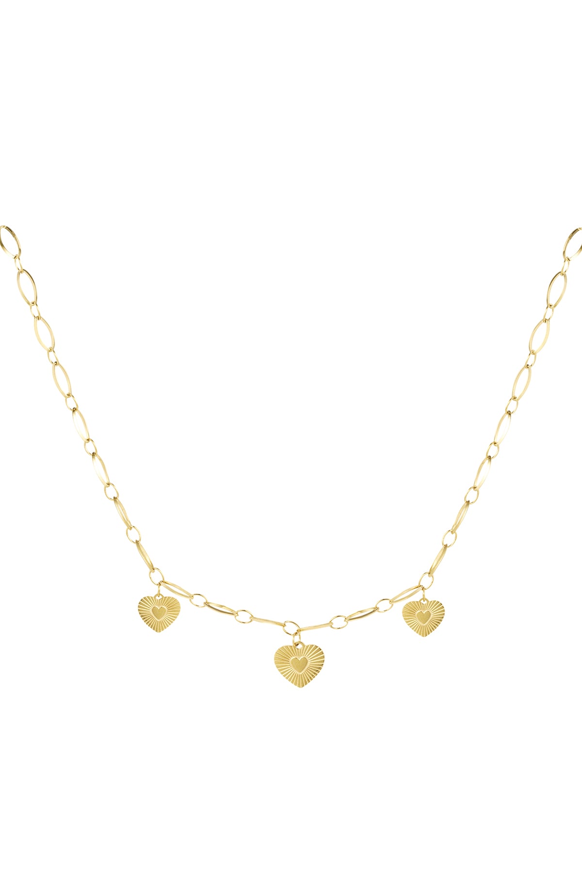 Gold triple heart charm necklace with sunburst textured pendants on a linked chain