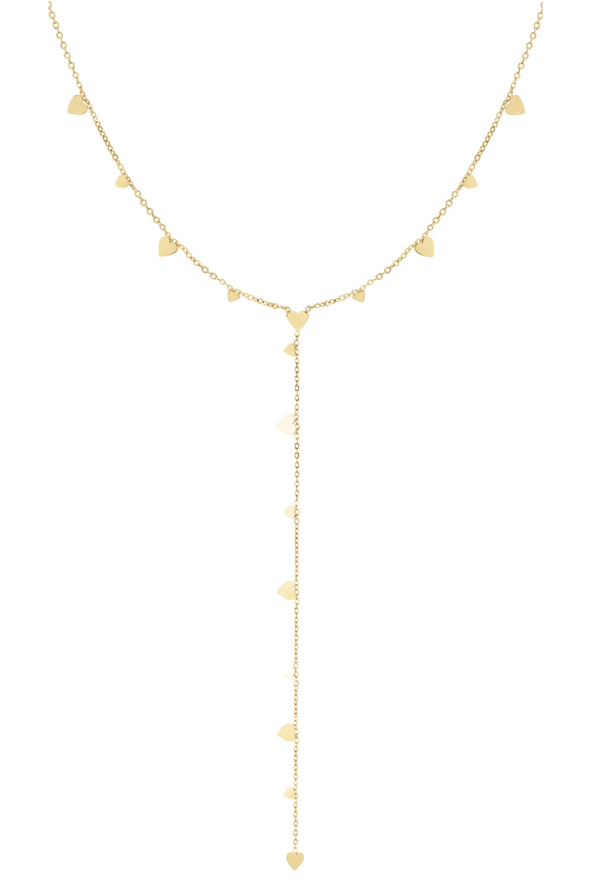 Gold delicate Y necklace with heart charms displayed on white background