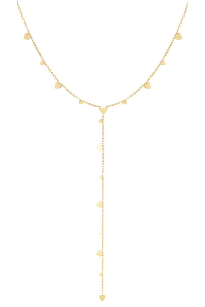Gold delicate Y necklace with heart charms displayed on white background