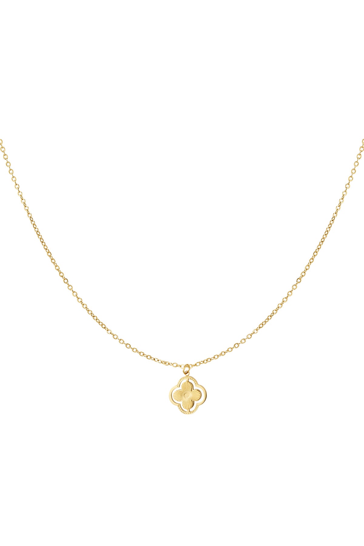 Gold delicate clover pendant necklace on white background