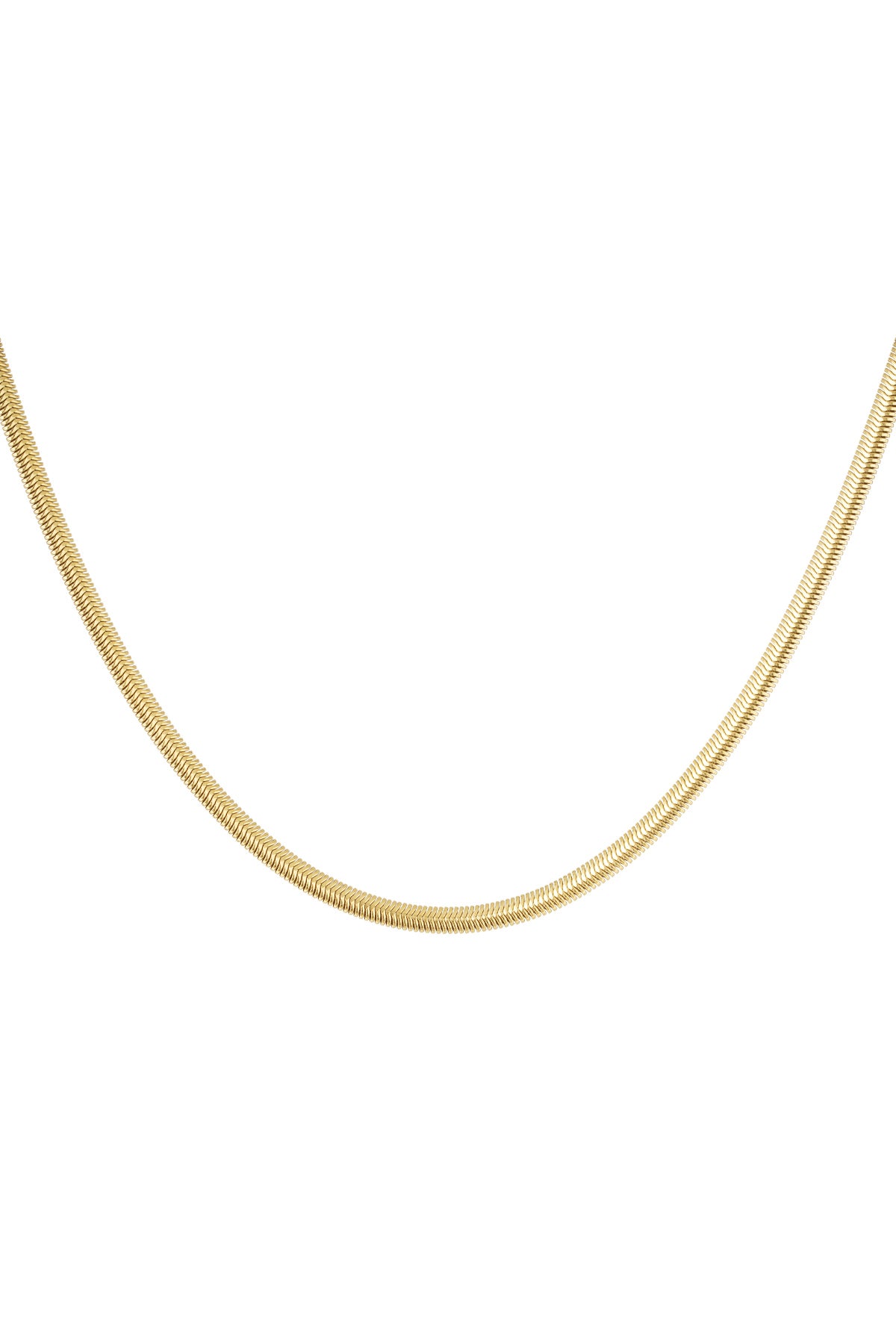 Close-up of sleek gold snake chain necklace with smooth, continuous links