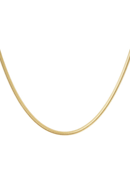 Close-up of sleek gold snake chain necklace with smooth, continuous links