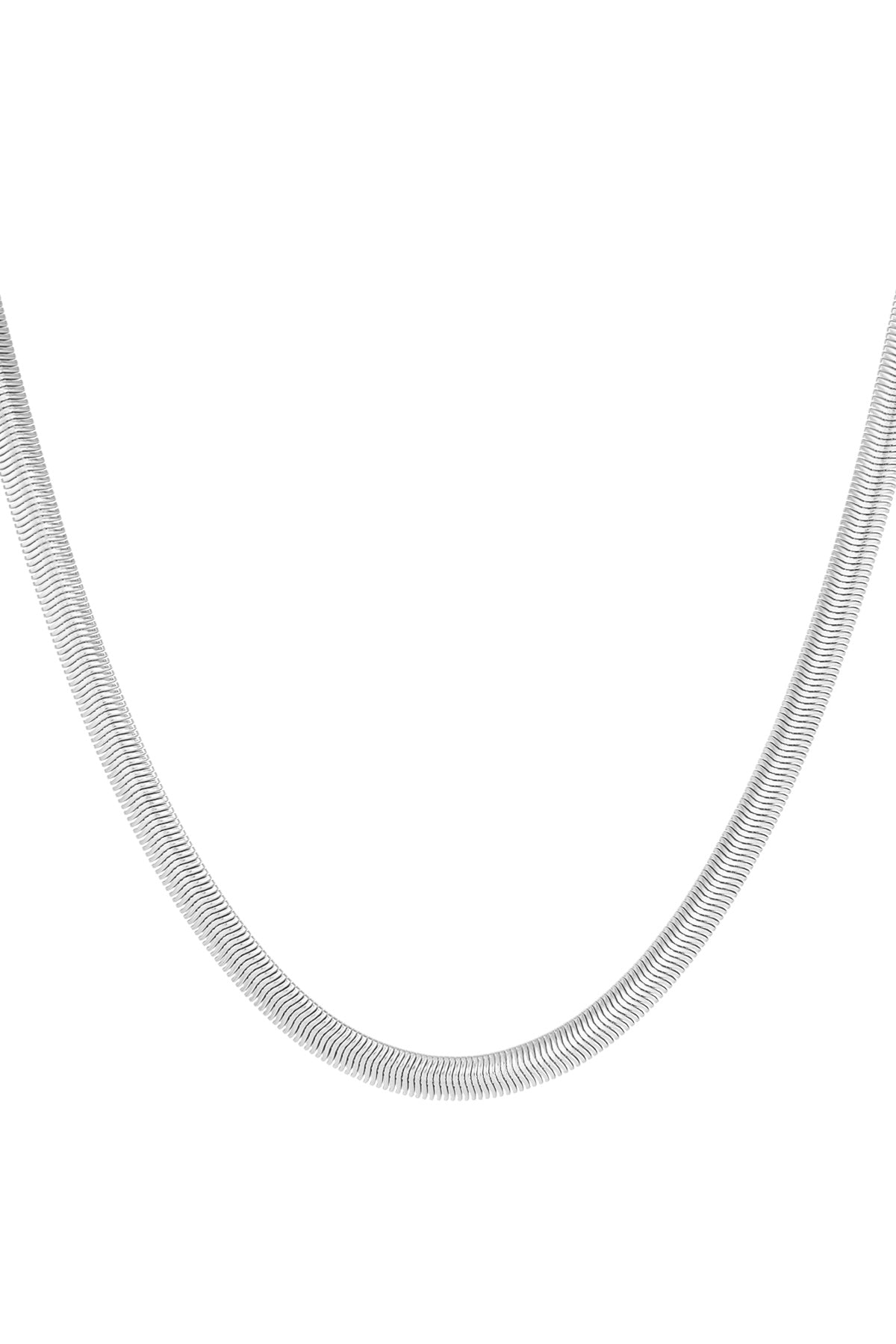 Close-up image of a silver flat chain necklace with the same smooth, flexible design displayed on a white background
