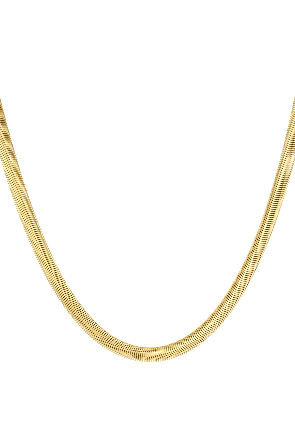 Close-up image of a sleek gold flat chain necklace with smooth, flexible links against a white background