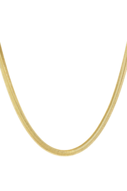 Close-up image of a sleek gold flat chain necklace with smooth, flexible links against a white background
