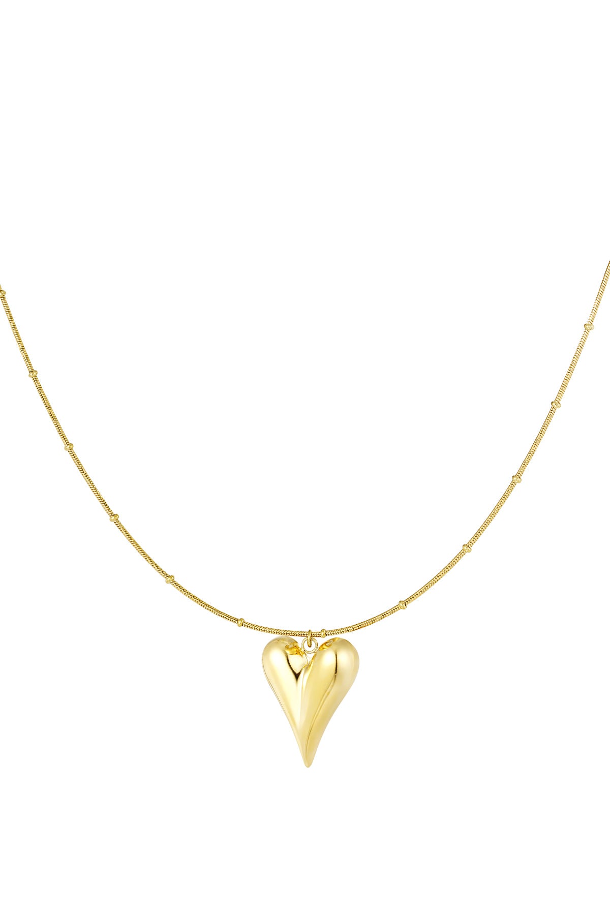 Gold chunky heart pendant necklace with bead-accented chain on white background