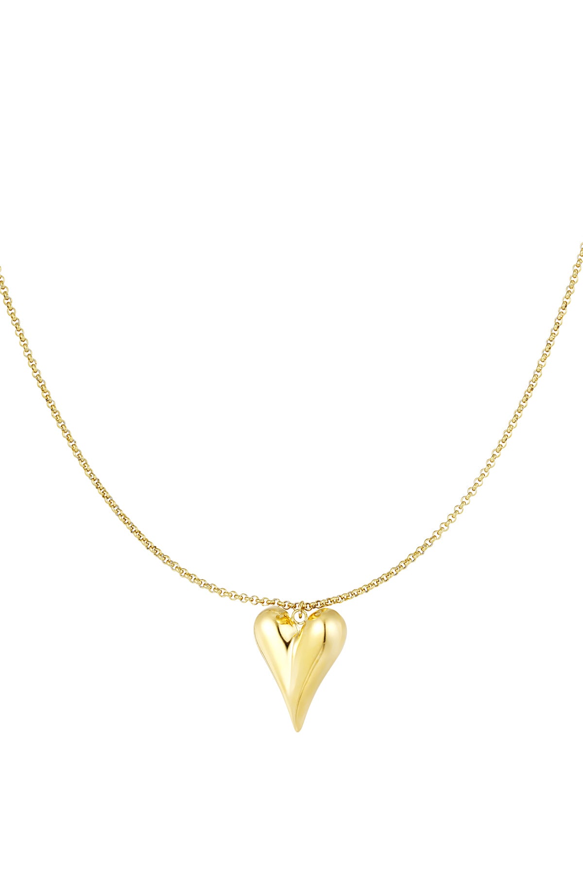 Gold-tone minimalist puffy heart pendant necklace on a delicate chain isolated on white background