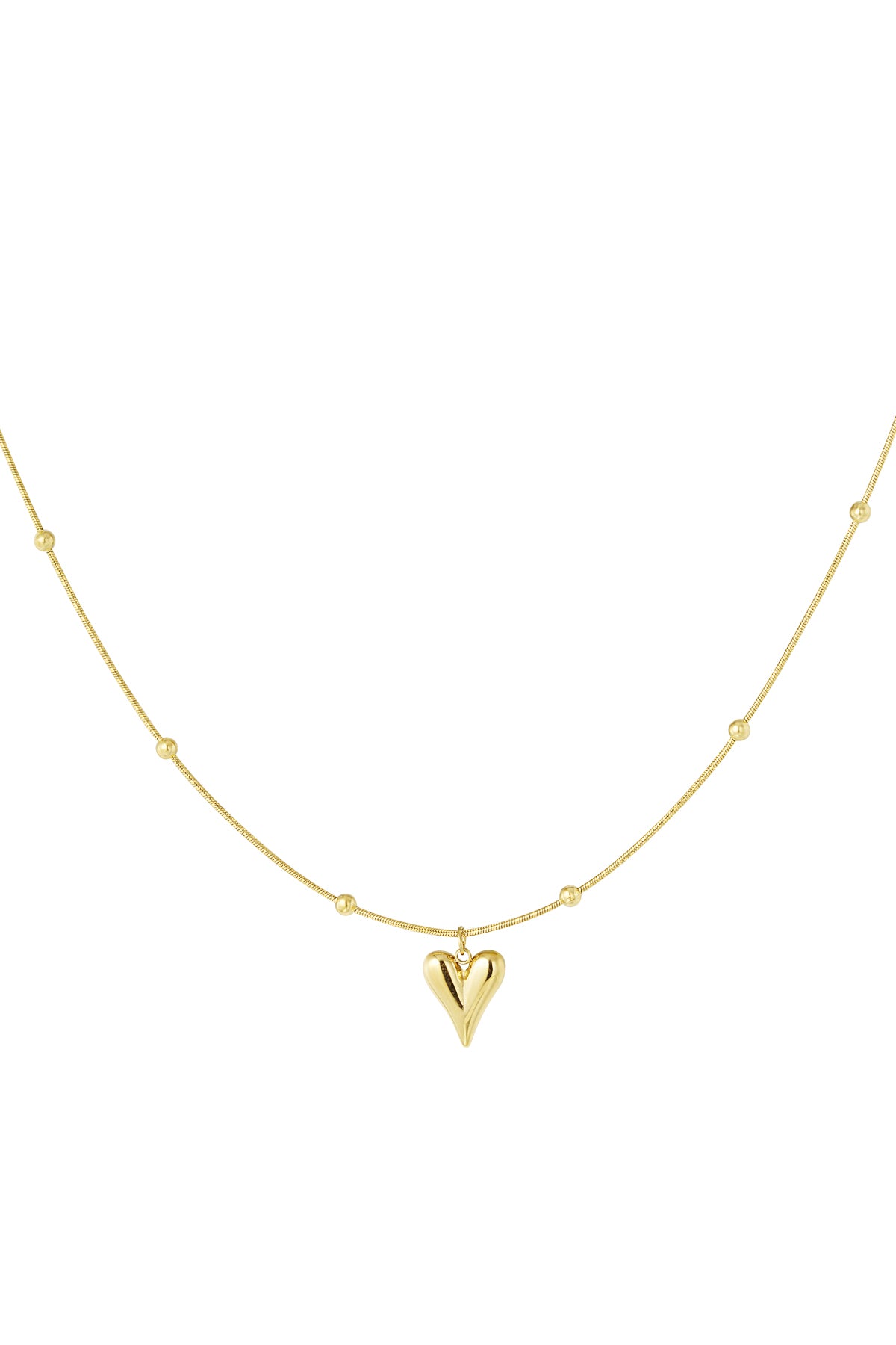 Close-up of a gold heart pendant necklace with evenly spaced small gold balls on a delicate chain
