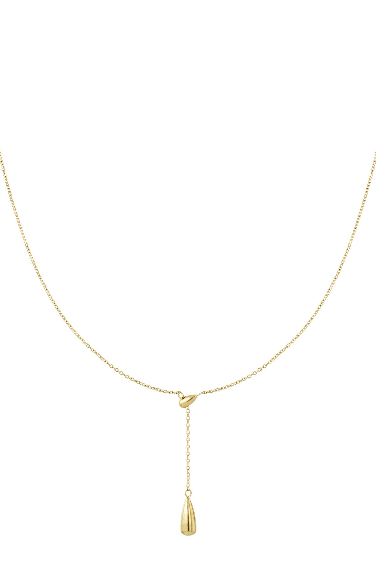 Minimalist gold drop charm necklace with fine chain against white background