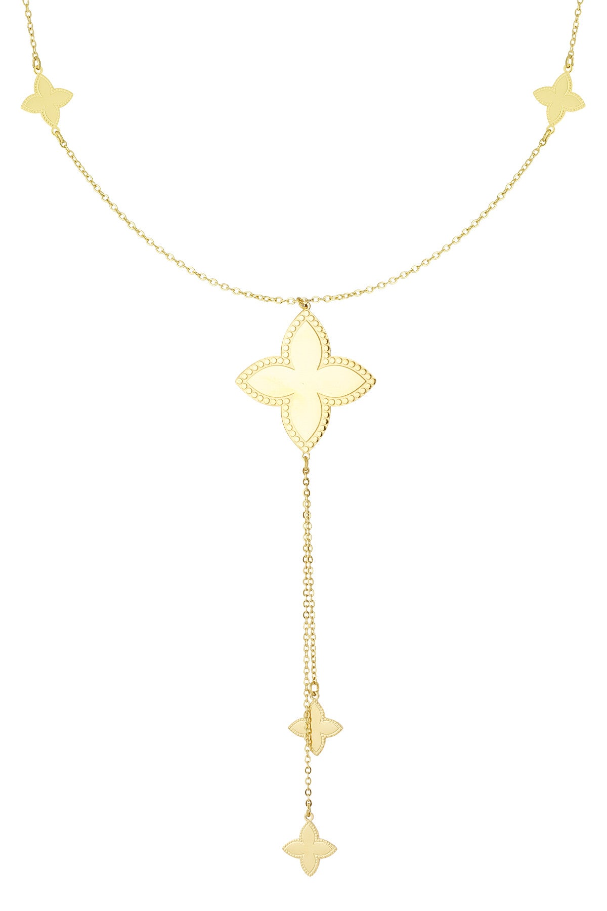 Gold-tone long necklace with large and small clover-shaped charms hanging on fine chain