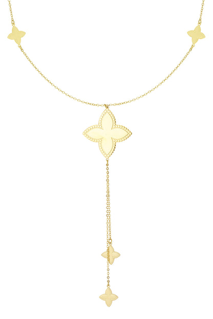 Gold-tone long necklace with large and small clover-shaped charms hanging on fine chain