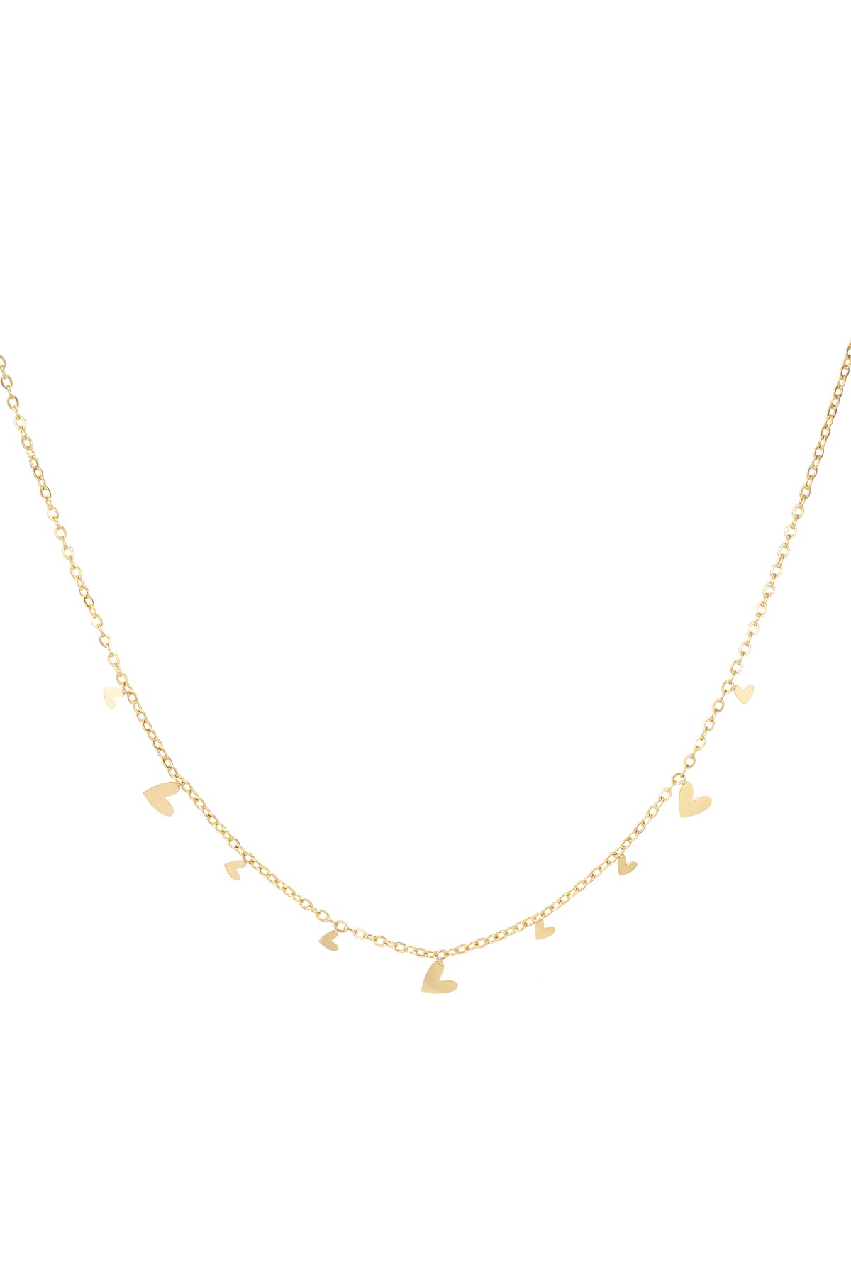 Close-up of a delicate gold necklace featuring multiple small heart charms evenly spaced along a fine chain on a white background