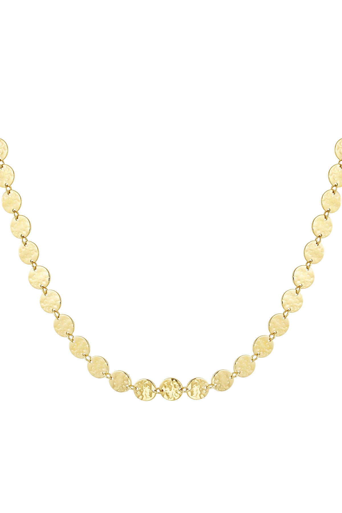 Close-up of hammered gold disc chain necklace with textured round discs linked together